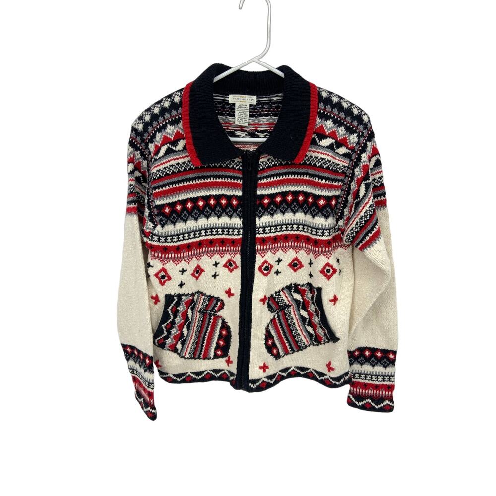 Yarnworks 90s Fair Isle Knitted Cardigan Sweater Novelty Mitten Pockets Size M
